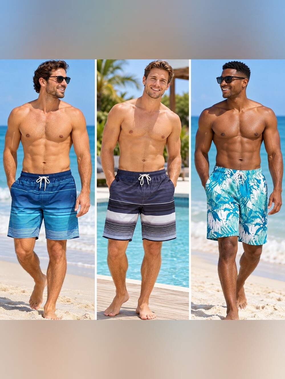 Men's 3 Pair Print Swim Shorts - Comfortable Quick-Dry